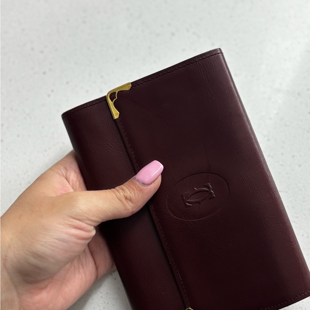 Vintage Cartier Burgundy Leather Bifold Wallet With Gold Accents